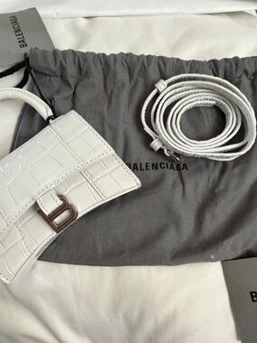 Balenciaga White Croc-Embossed Hourglass Mini Bag with Silver 'B' Logo